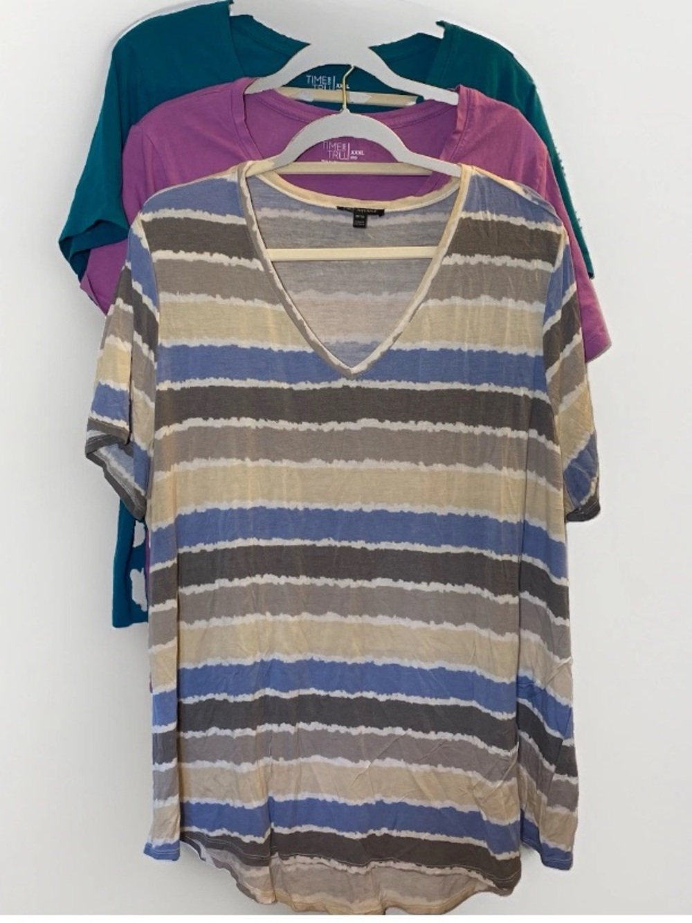 Women’s 3xl V-Neck Short Sleeve Tees T-shirts Purple Teal Blue Striped Lot Of 3